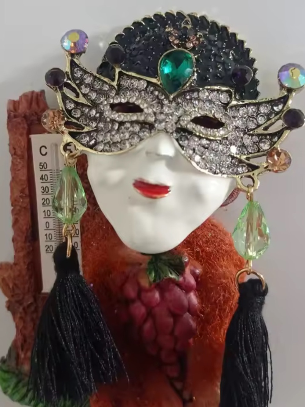 Anthropologie Crystal Masquerade Mask Brooch - Black, White & Green - Picture 3 of 9